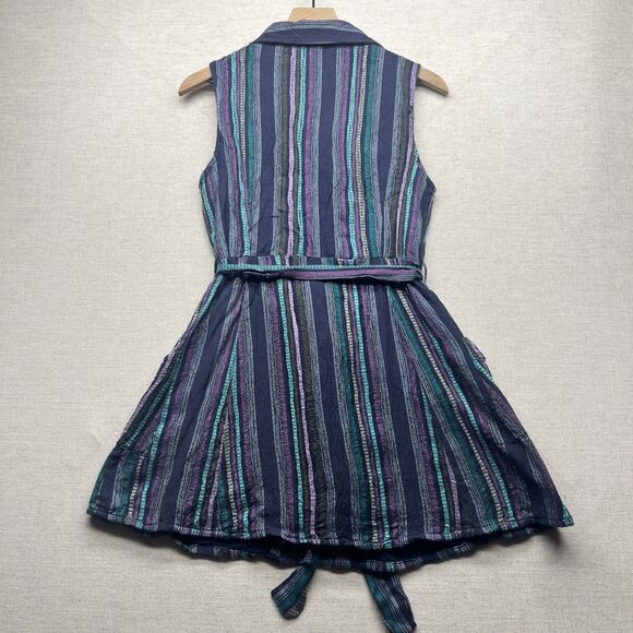 ANGIE Vertical Stripes Button Collared Mini Dress Women's L Large Hippie Belted - Picture 9 of 9